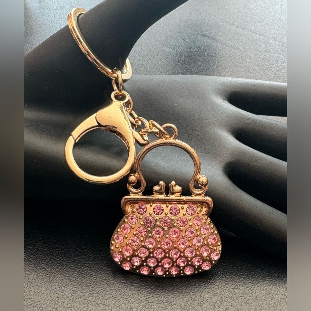 BAG CHARM  Gold Tone Crystal Kiss Lock Purse Charm Keychain in Pink NWT